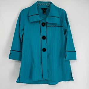 Ali Miles Top Womens Size M Aqua-Blue Textured 3/4 Sleeve Button Up Art-to-wear
